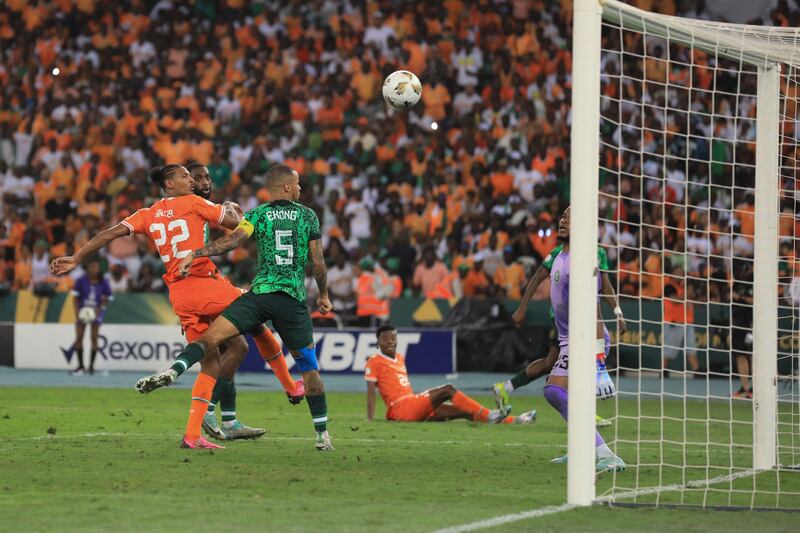 Ivory Coast forward Sebastien Haller scoring his team's winning goal during the Africa Cup of Nations final against Nigeria at the Olympic Stadium of Ebimpe. Photograph: Daniel Brloumou Olomo/AFP