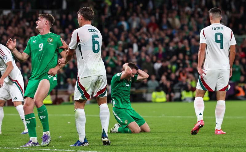 Ireland's Dara O'Shea (second from right) reacts to a missed chance during Saturday's World Cup qualifier against Hungary. Photograph: James Crombie /Inpho