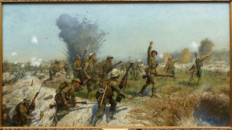Battle of the Somme, the Attack of the Ulster Division, by JP Beadle, which is hung in Belfast City Hall. The officer shown leading the unit is Lieut Francis Bodenham Thornley who was was wounded in the battle while serving with B company Royal Irish Rifles, and while recuperating advised Beadle on the painting. The troops shown are of the 5th battalion Royal Irish Rifles (North Belfast Volunteers), a supporting unit to the 108th Infantry Brigade