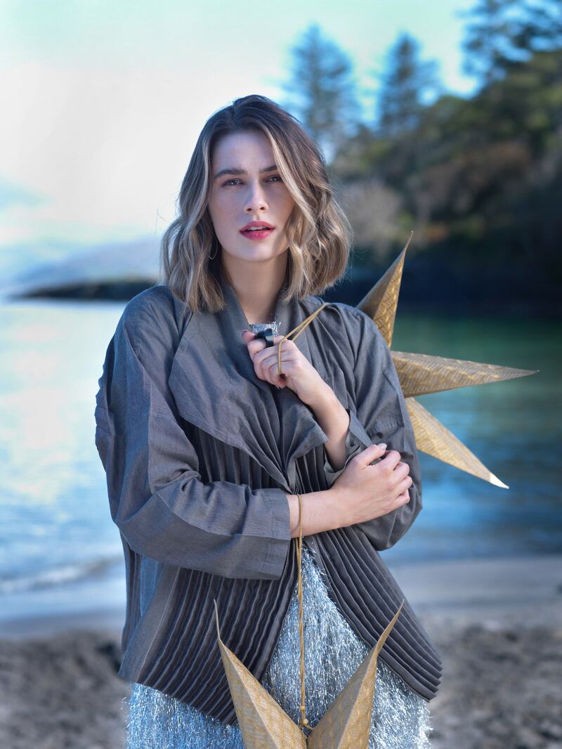 Jacket Issey Miyake €1,200; skirt Issey Miyake €1,120, top Dries Van Noten €800, all Brown Thomas, boots LK Bennett €540, Large Agate Quartz ring, Momuse €40