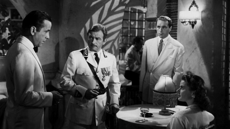 A scene still ‘Casablanca’ features (l to r) Humphrey Bogart, Claude Rains, Paul Henried and Ingrid Bergman. Photograph: Dr Macro’s High Quality Movie Scans