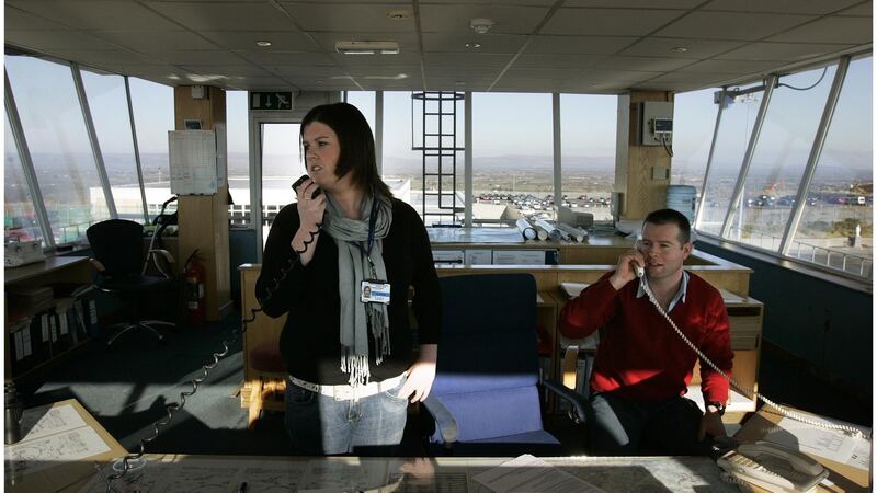Air traffic controller Siobhán Morley and assistant Barry Holian,  at Ireland West Airport Knock, in Co Mayo. File photograph: Dara Mac Dónaill