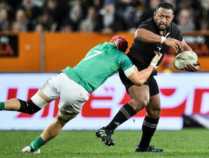 New Zealand's George Bower with Josh van der Flier of Ireland. Photograph: Blake Armstrong/Photosport/Inpho