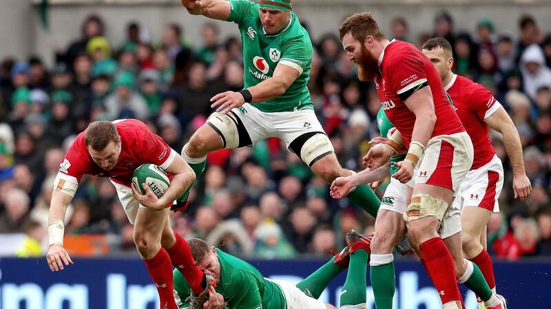 Wales’s Hadleigh Parkes is tackled by Tadhg Furlong of Ireland in their  Guinness Six Nations Championship Round 2 match at Aviva Stadium, Dublin on Saturday.  Photograph: Bryan Keane/Inpho