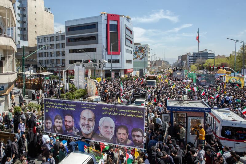 Mourners gather in Tehran for the funerals of senior Iranian military and intelligence officials killed in Israel’s bombing of the Iranian embassy building in Damascus, Syria. Photohraph: Arash Khamooshi/New York Times