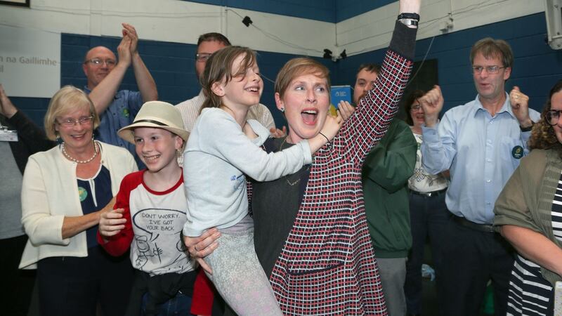 The Green Party’s Pauline O’Reilly, with her daughter Cara, son Finn and supporters as she is elected on the first count in Galway City’s West Ward. Photograph: Joe O’Shaughnessy