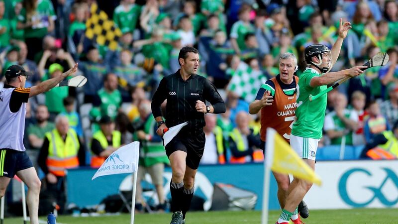 Limerick’s Darragh O’Donovan appeals in vain for a late 65 against Kilkenny in the All-Ireland semi-final  after a late sideline cut was deflected wide by Kilkenny defender. Photograph: James Crombie/Inpho