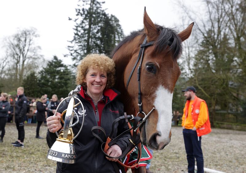 Corach Rambler and trainer Lucinda Russell during the Randox Grand National winners homecoming at Arlary House Stables, Kinross. Photograph: Steve Walsh/PA