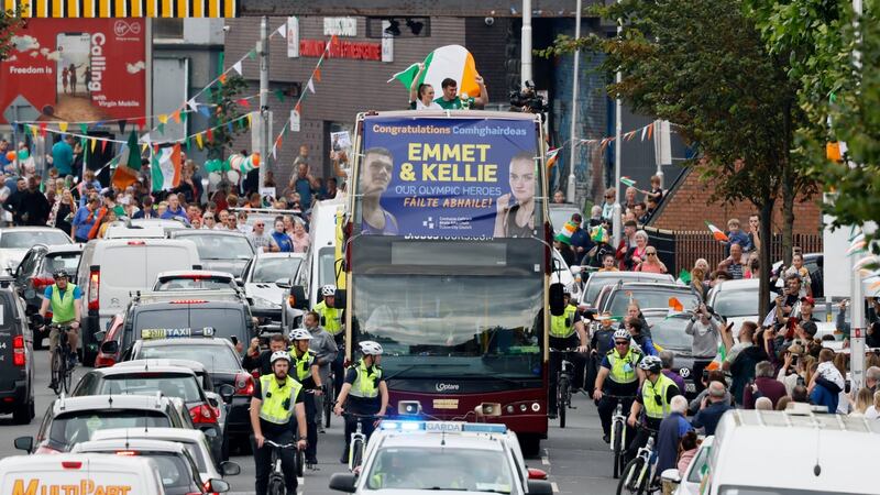 Supporters line the streets to welcome Olympic gold medal winning boxer Kellie Harrington home to Portland Row in Dublin 1 on Tuesday. Photograph: Alan Betson/The Irish Times