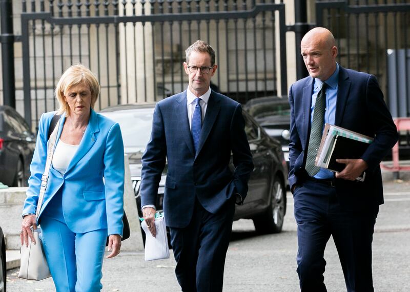 Geraldine O'Leary, RTÉ director of commercial; Adrian Lynch, interim deputy director general at RTÉ and Rory Coveney, director of strategy at RTÉ arrive for a media committee on RTÉ expenditure at Leinster House on Kildare Street on Wednesday. Photograph: Gareth Chaney/ Collins Photos