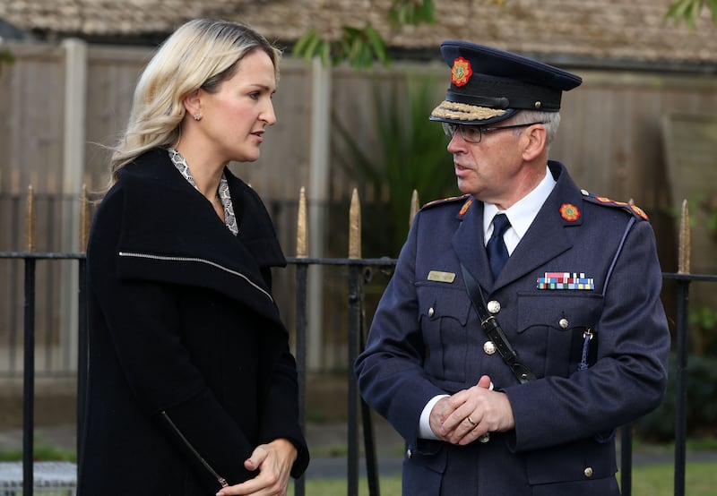 Minister for Justice Helen McEntee and Garda Commissioner Drew Harris at the funeral of former assistant commissioner John O’Driscoll at St Brigid's Church, Killester. Photograph: Colin Keegan, Collins Dublin