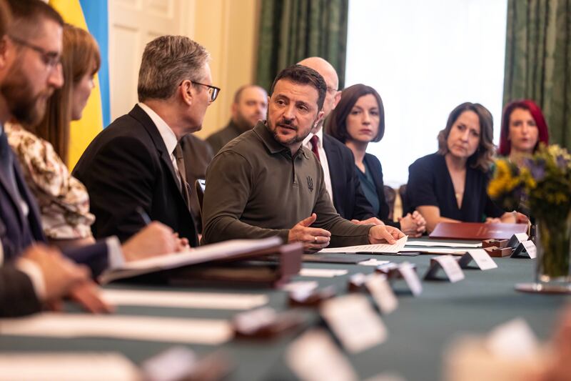 Ukrainian president Volodymyr Zelenskiy addressed a meeting of the UK cabinet at 10 Downing Street, London. Photograph: Richard Pohle/The Times