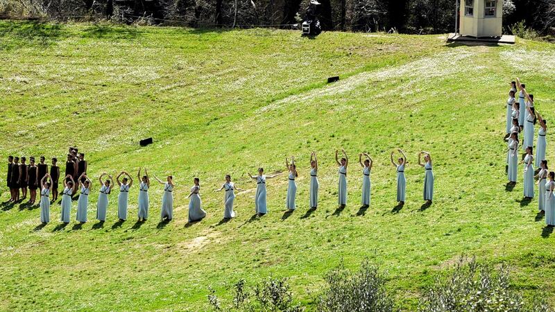 A dress rehearsal of the lighting ceremony of the Olympic flame in Greece. After an increase in coronavirus cases, the Greek Olympic Committee said the ceremony would be held without spectators. Photograph: AFP via Getty