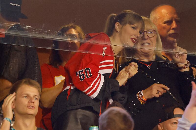 Taylor Swift and Donna Kelce before the game between the Kansas City Chiefs and the Denver Broncos last October in Kansas City, Missouri. Photograph: Getty Images