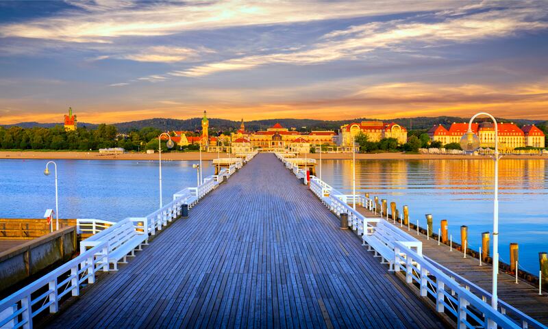 The pier at dawn in Sopot, a spa resort on the Baltic Sea with the longest wooden pier in Europe. Photograph: Getty