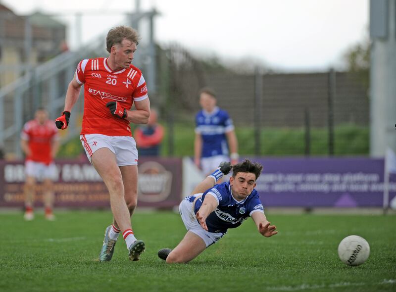Louth’s Ciaran Byrne scoring his side's second goal against Laois in Newbridge at the weekend. Photograph: Ciaran Culligan/Inpho