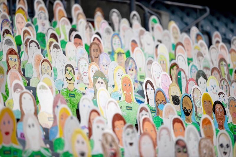 Cut-outs made by schoolchildren line the stands in Croke Park. Photo: Morgan Treacy