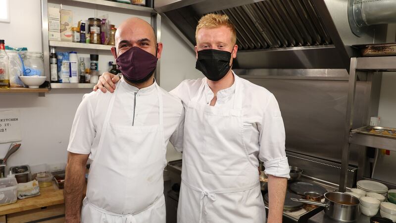 Mark Moriarty and Ahmet Dede in the kitchen at Pembroke Wines. Photograph: Nick Bradshaw
