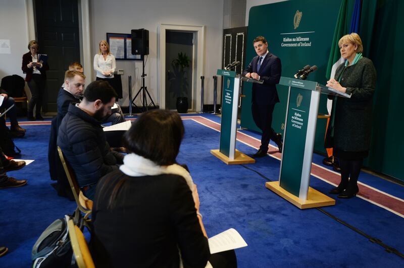 Paschal Donohoe and Cabinet colleague Heather Humphreys host a socially distanced press conference in the early days of the pandemic. Photograph: Alan Betson