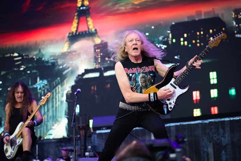 Iron Maiden's Janick Gers on stage at Malahide Castle, Dublin. Photograph: Dan Dennison