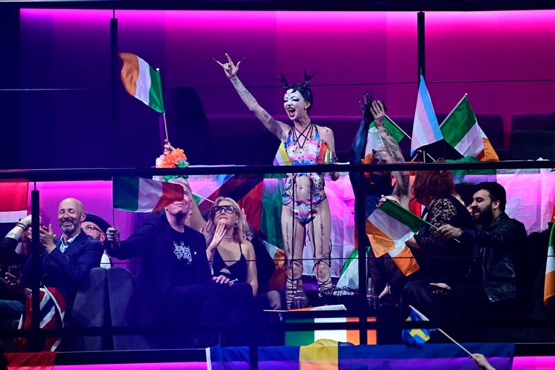 Irish singer-songwriter Bambie Thug, representing Ireland with the song Doomsday Blue, reacts during vote counting. Photograph: TOBIAS SCHWARZ/AFP via Getty Images