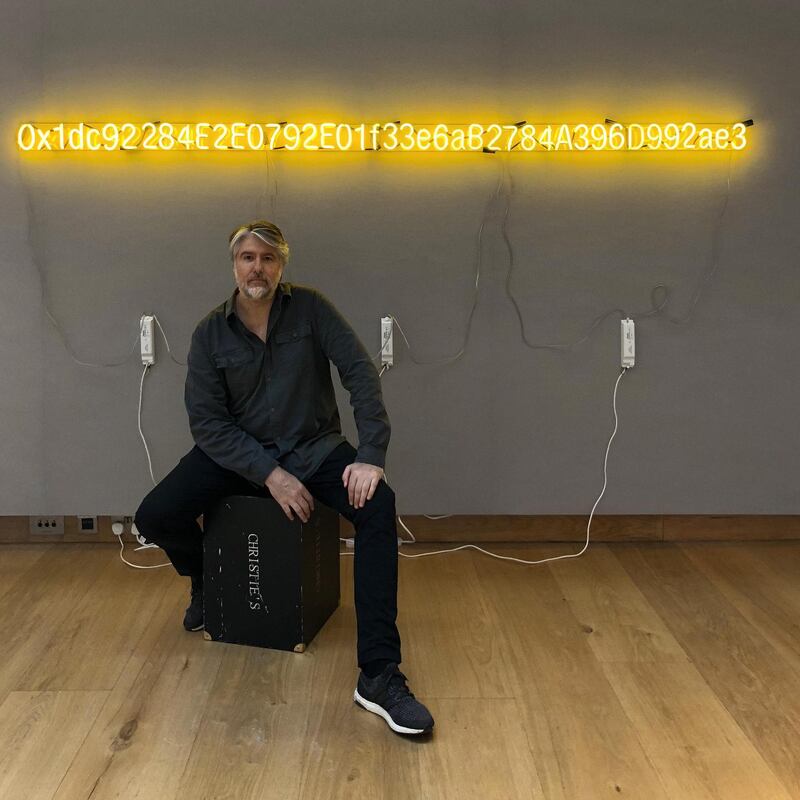 Kevin Abosch with “Yellow Lambo” at Christie’s, London. Photograph: Studio of Kevin Abosch