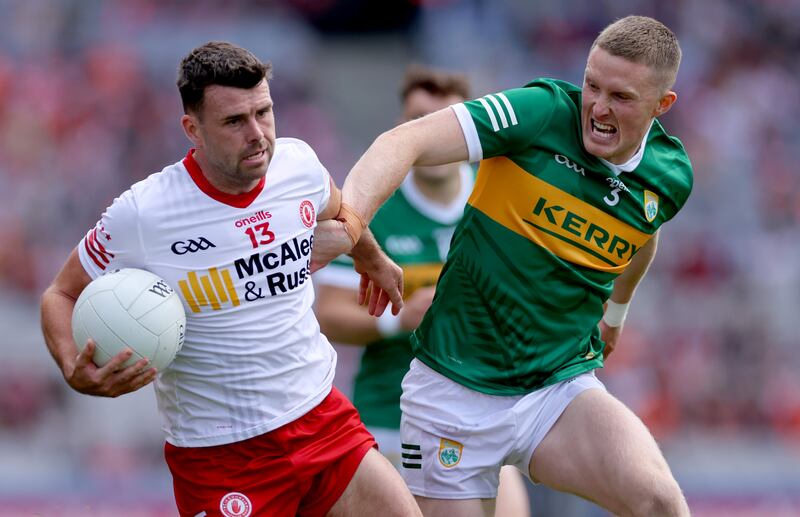 GAA Football All-Ireland Senior Championship Quarter-Final, Croke Park, Dublin 1/7/2023
Kerry vs Tyrone 
Tyrone’s Darren McCurry and Jason Foley of Kerry
Mandatory Credit ©INPHO/James Crombie