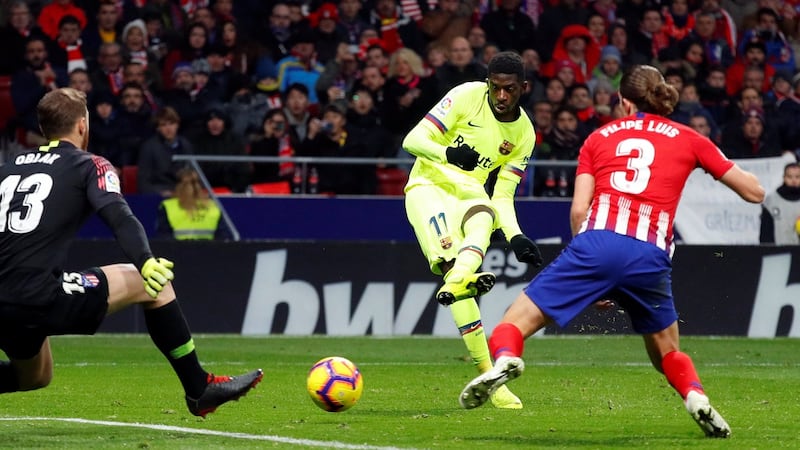 Barcelona’s Ousmane Dembele scores a late equaliser in the La Liga game against Atletico Madrid at the  Wanda Metropolitano in Madrid. Photograph:  Paul Hanna/Reuters