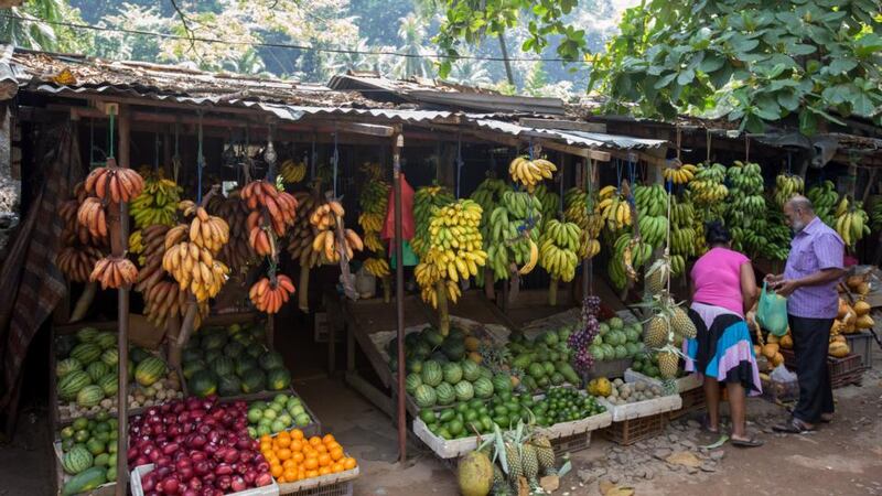 Customers buy fruit at a roadside stall outside Kandy.