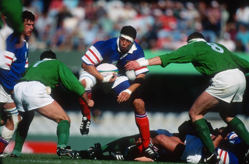 Abdelatif Benazzi of France in action against Ireland during the 1995 World Cup quarter-final in Durban, South Africa. Ireland lost 36-12. Photograph: Mark Leech/Offside via Getty Images 