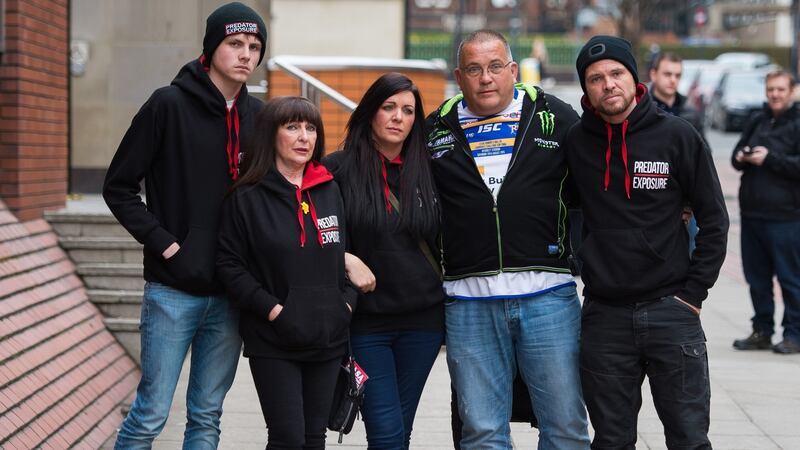 Members of paedophile-hunting group Predator Exposure outside Leeds Crown Court after the sentencing. Creaven was detained by the group after he travelled to the UK to meet what he thought was a 13-year-old girl. Photograph: Peter Powell/PA Wire