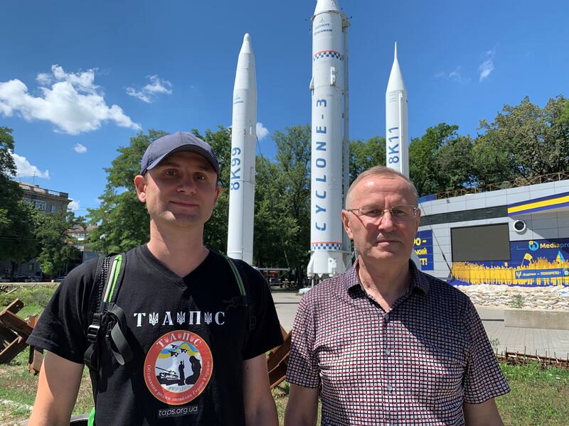 Vlad and Viktor Ovchar work tirelessly for the release of their cousin and nephew, navy lieutenant Ivan Ovchar. Ukraine gave up its nuclear arsenal in 1994, but continues to build conventional missiles like those in the background. The country’s aerospace industry is headquartered in Dnipro. Photograph: Lara Marlowe