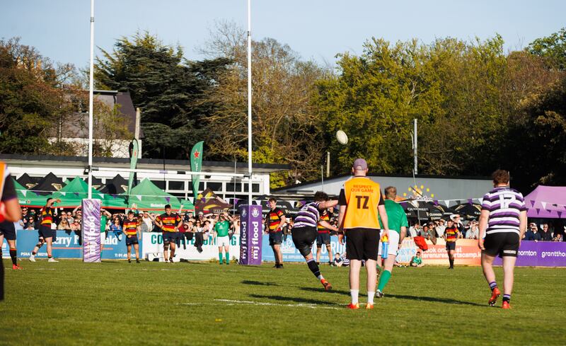 Terenure's Aran Egan converts a penalty kick to win the game against Lansdowne in the AIL. Photograph: Tom Maher/Inpho