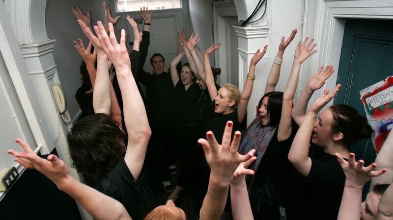 Loosening up before a performance of the Dublin Youth Theatre production of We’re Not Real at their space in Gardiner Street, Dublin, as part of the Fringe Festival. Photograph: Frank Miller