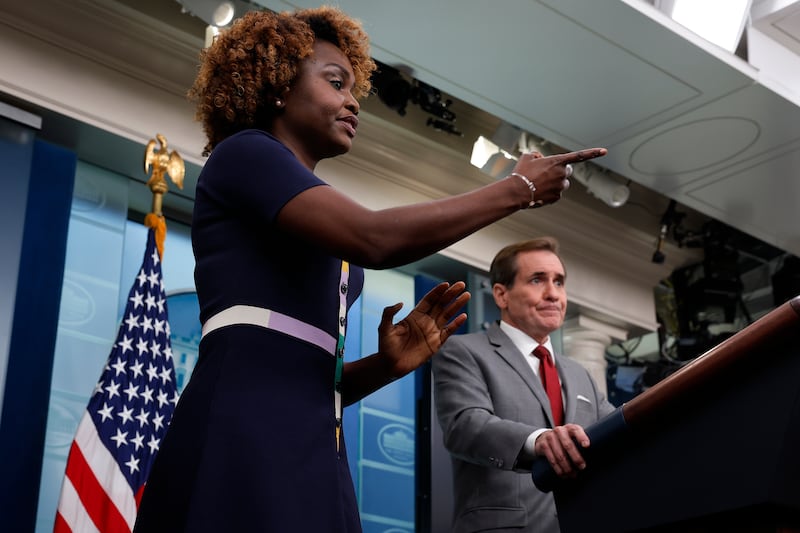 Then-White House press secretary Karine Jean-Pierre speaks to reporters at the White House on October 31st, 2023. Photograph: Chip Somodevilla/Getty Images