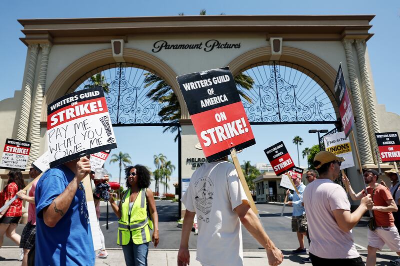 Striking Writers Guild of America workers picket outside Paramount Studios in Los Angeles, California. Photograph: Mario Tama/Getty