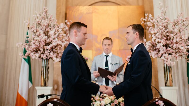 Vows: the wedding ceremony conducted by   friend  and HSE registrar Myles. Photograph: IG Studio Photography