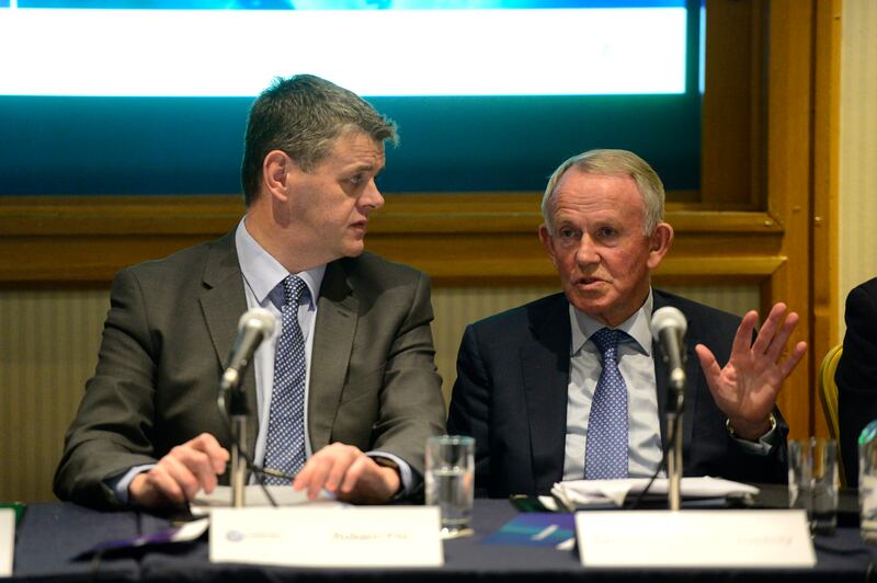 Former Independent News & Media chief executive Robert Pitt (left) and chairman Leslie Buckley. Photograph: Cyril Byrne
