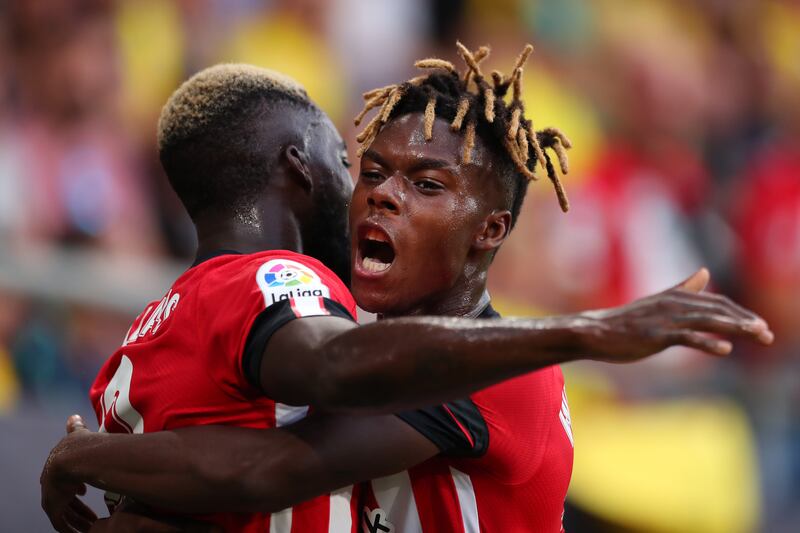 Iñaki Williams celebrates with Nico Williams after scoring their team's first goal during the LaLiga Santander match between Cadiz CF and Athletic Club. Photograph: Fran Santiago/Getty Images