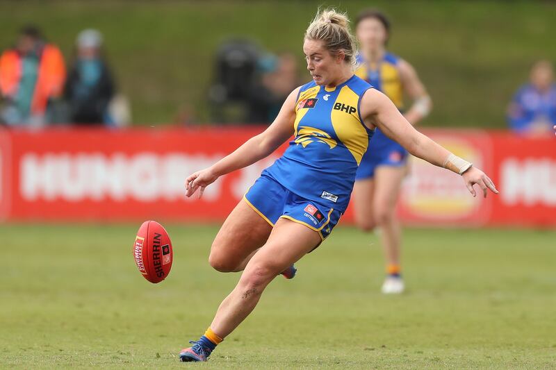 Aisling McCarthy in action for the West Coast Eagles during the AFLW round one match against Port Adelaide Power at Mineral Resources Park  in Perth. Photograph: Will Russell/AFL Photos via Getty Images