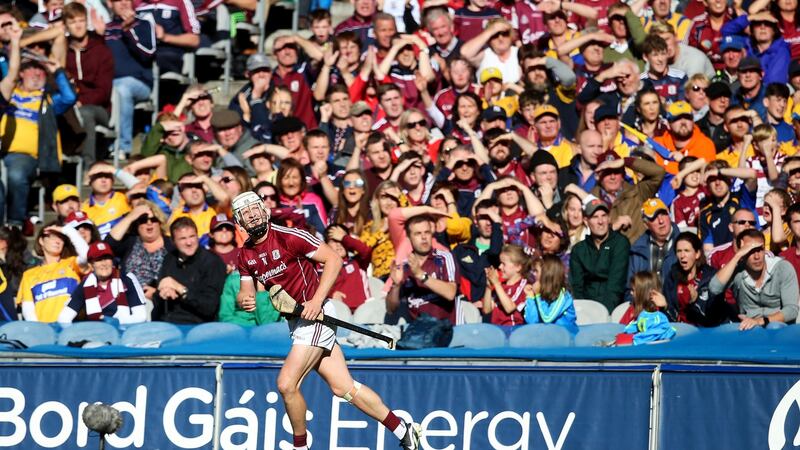 Joe Canning watches his late point go over the bar for Galway during the 2018 All-Ireland SHC semi-final. Photo: Tommy Dickson/Inpho