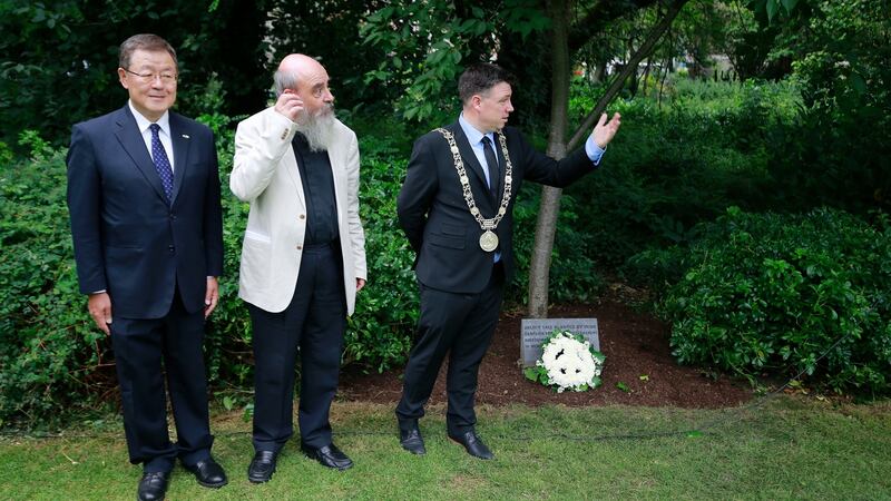 Pictured at the Irish Campaign for Nuclear Disarmament’s annual Hiroshima Day commemoration at Merrion Square, Dublin were  Kenichiro Sasame, deputy head of mission at  the Japanese Embassy, Ireland; Canon Patrick Comerford, president, Irish CND and Lord Mayor of Dublin Paul McAuliffe. Photograph Nick Bradshaw/The Irish Times