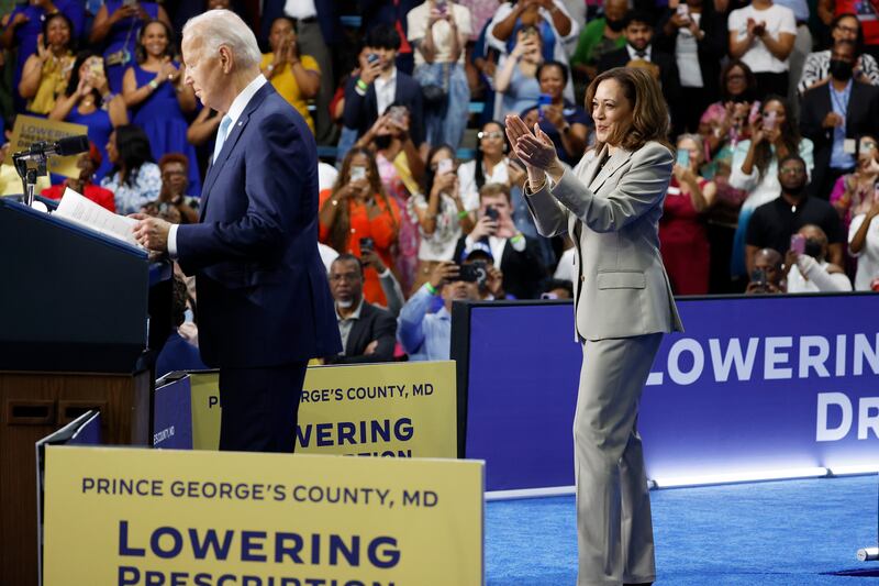 Vice-president Kamala Harris clapping for president Joe Biden in Largo, Maryland. Biden and Harris held the event to talk about their administration's efforts to lower drug costs. Photograph: Anna Moneymaker/Getty Images