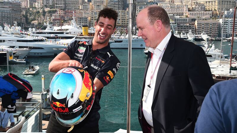 Prince Albert of Monaco talks to Daniel Ricciardo of Red Bull Racing during the race in Monte Carlo in 2018. Photograph: Eamonn M McCormack/Getty Images