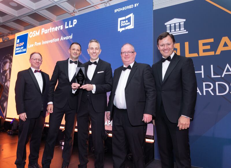 Richard Hammond, solicitor and partner at Hammond Good LLP and chair of the judging panel of the Leap Irish Law Awards; Declan Murphy, partner, head of mortgage litigation at OSM Partners; Dario Di Murro, partner and head of property department at OSM Partners LLP; Conor Duffy, sales associate with Dye & Durham; and Anton Savage, MC of the night. Photograph: Paul Sherwood