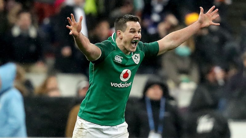 Sexton watches his drop goal bisect the posts in Paris. Photograph: Dan Sheridan/Inpho