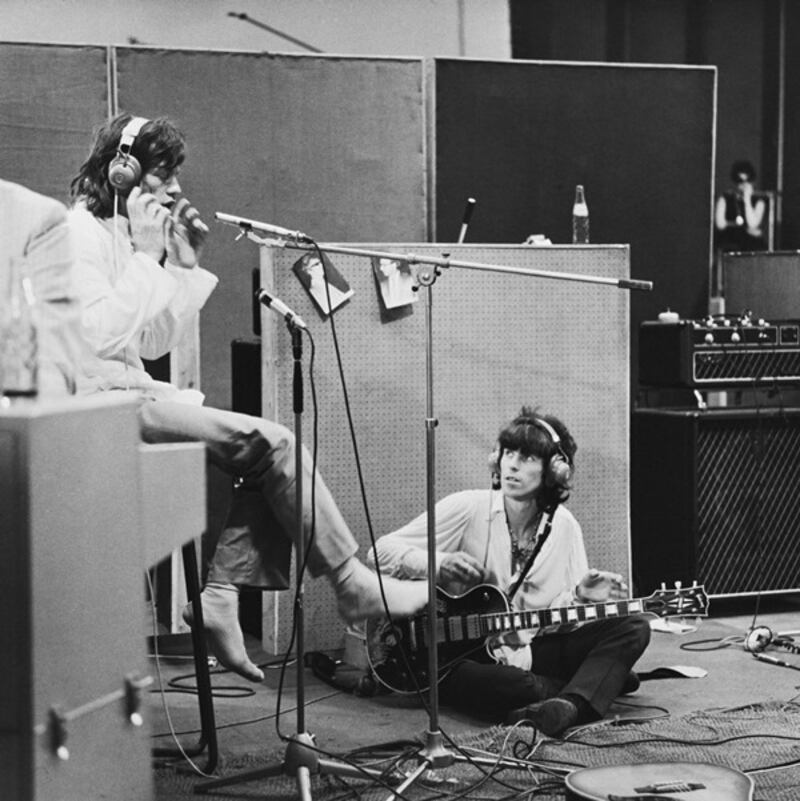 Rolling Stones Mick Jagger and Keith Richards at the Olympic Sound Studios while making Jean Luc Godard’s semi documentary movie ‘Sympathy for the Devil’, aka ‘One Plus One’, June 1968. Photograph: Keystone Features/Hulton Archive/Getty Images