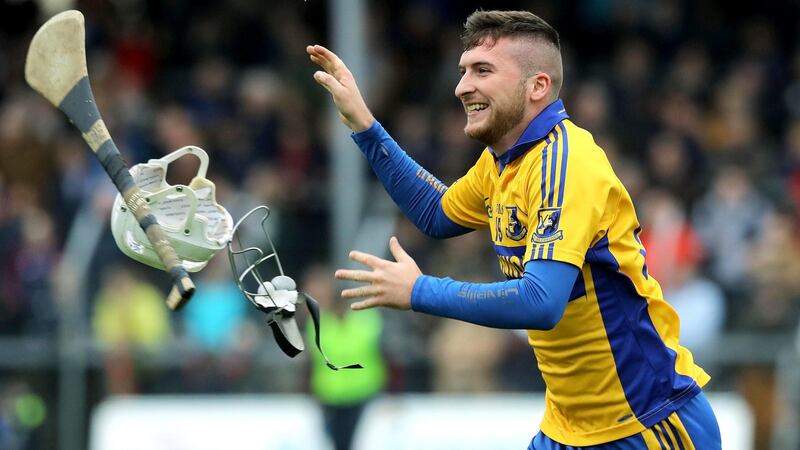 Gavin Whyte of Sixmilebridge celebrates at the final whistle of the Clare SHC Final replay  against Clooney-Quin at Cusack Park in Ennis. Photograph: Lorraine O’Sullivan/Inpho