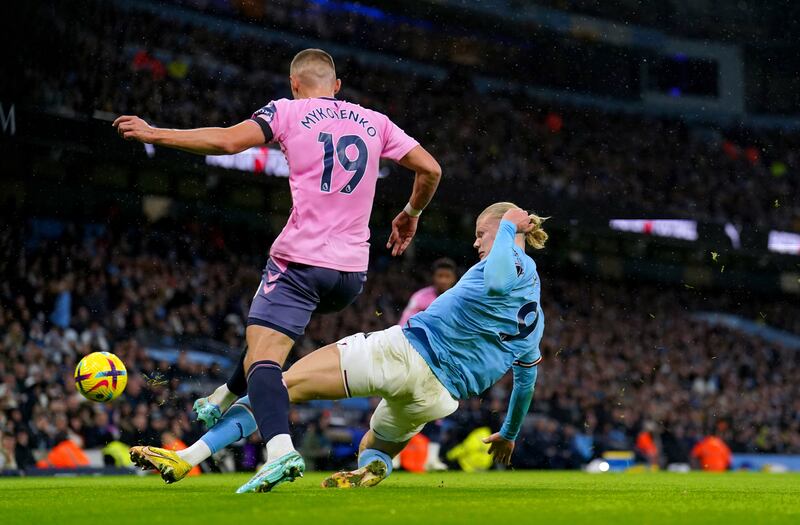 Manchester City's Erling Haaland was yellow carded for his tackle on Everton's Vitaliy Mykolenko at the Etihad Stadium last week. Photograph: Tim Goode/PA