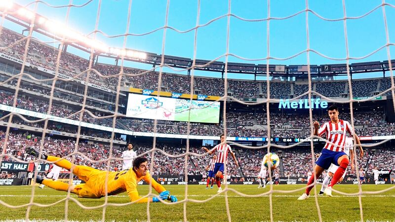 Atletico Madrid’s Diego Costa scores his first goal  during the International Champions Cup match against Atletico Madrid at the Metlife stadium in East Rutherford, New Jersey Photograph: Johannes Eisele/AFP/Getty Images